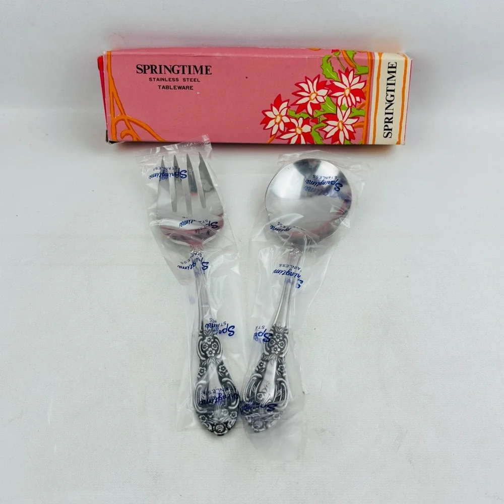 Vtg Springtime 2‎ Piece Serving Set Cold Meat Fork Berry Spoon Stainless Steel
